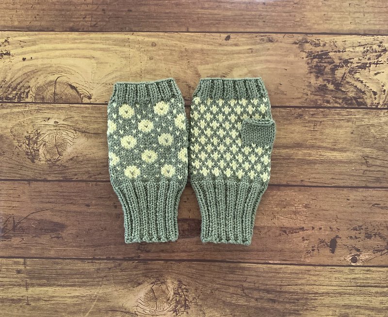 北欧伝統柄のハンドウォーマー　若草色×ライトイエロー - 手套/手襪 - 羊毛 綠色