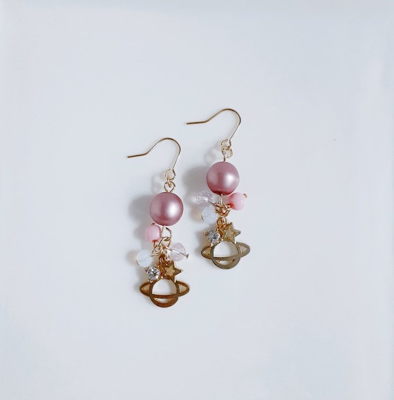 Saturn charm and Czech pearl pink earrings Stylish Cute Gift Fashion Glass beads Can be changed to allergy-friendly earrings or Clip-On - Earrings & Clip-ons - Glass Pink