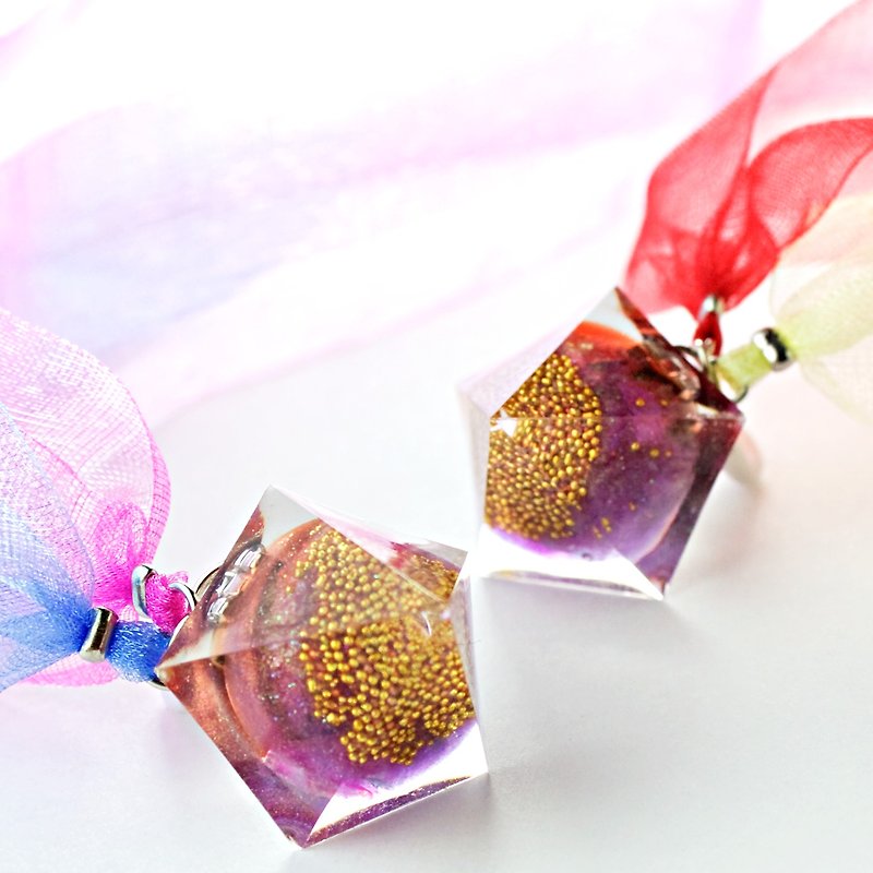 ペンタゴンドームリボンイヤリング(黄金もちきび) - 耳環/耳夾 - 其他材質 紫色