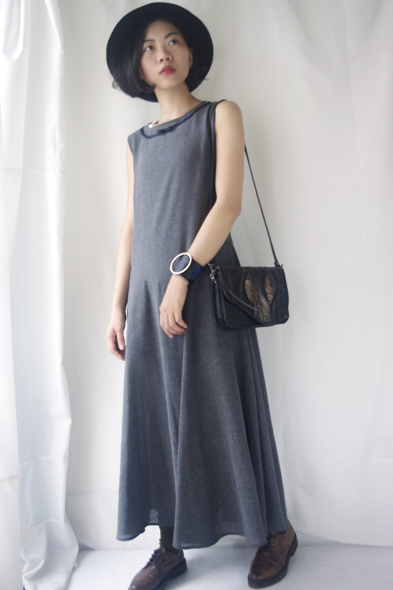 4.5studio-[Re;]style改造古著-深灰緄邊不對襯裙襬洋裝 - 連身裙 - 聚酯纖維 灰色
