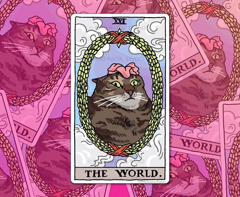 Cat Tarot The World Flower Cat Meme Die Cut Sticker