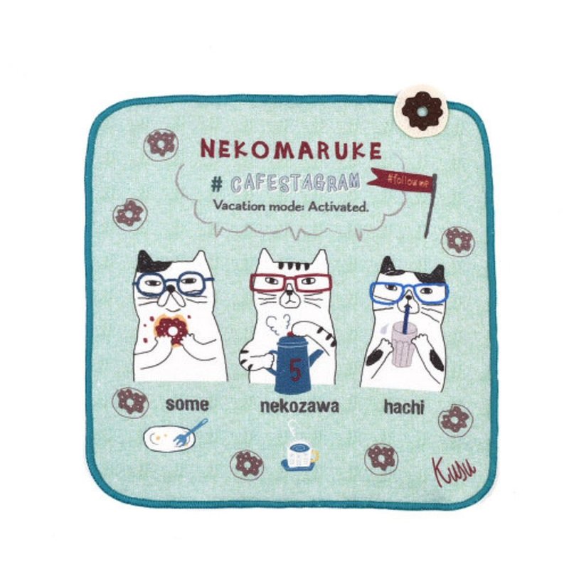 Kusuguru Japan紗布絨手帕 毛巾 日本眼鏡貓 NEKOMARUKE系列-綠色 - 手帕 - 其他人造纖維 綠色