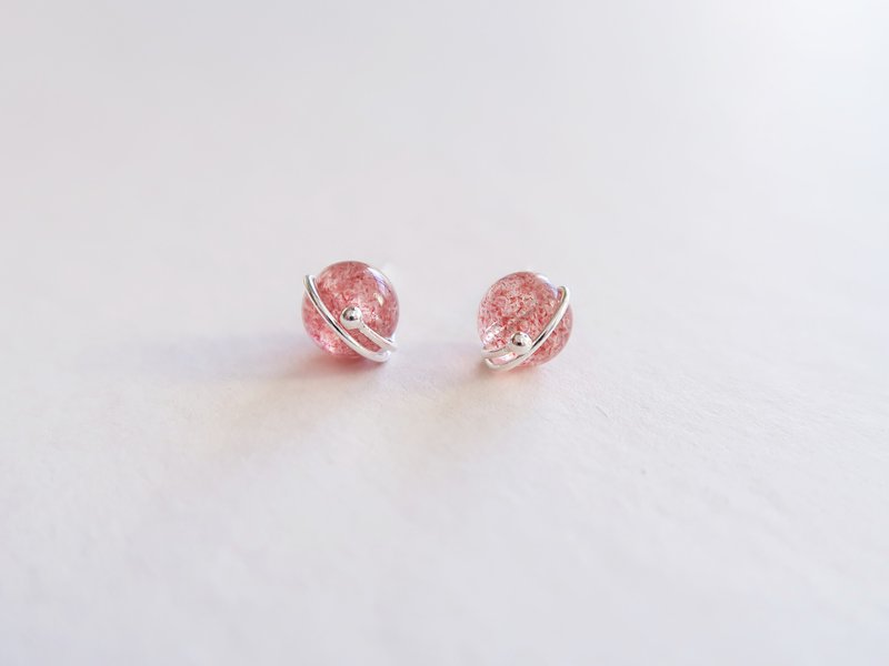 925 Sterling Silver Pearlescent Planet Strawberry Crystal Earrings or Clip-On Free Gift Packaging - ต่างหู - เงินแท้ สึชมพู