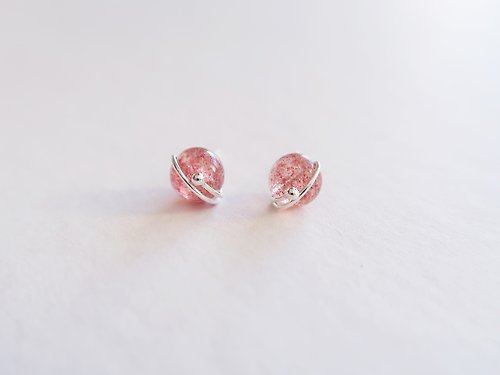 Natural Light 925純銀 珠光 星球 草莓晶 耳環 或 耳夾 一對 免費送禮包裝