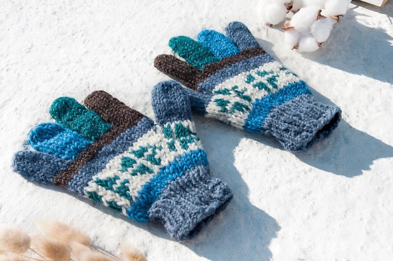 手織羊毛針織手套/針織純羊毛保暖手套/全趾手套-摩洛哥民族風藍 - 手套 - 羊毛 藍色
