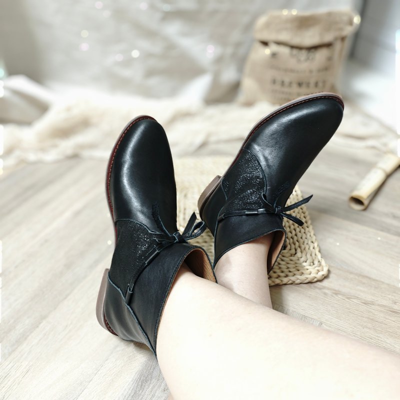 Low-top short boots Taiwan handmade genuine leather women's leather shoes genuine leather boots bow boots low heel wide last shoes - black - Women's Booties - Genuine Leather Black