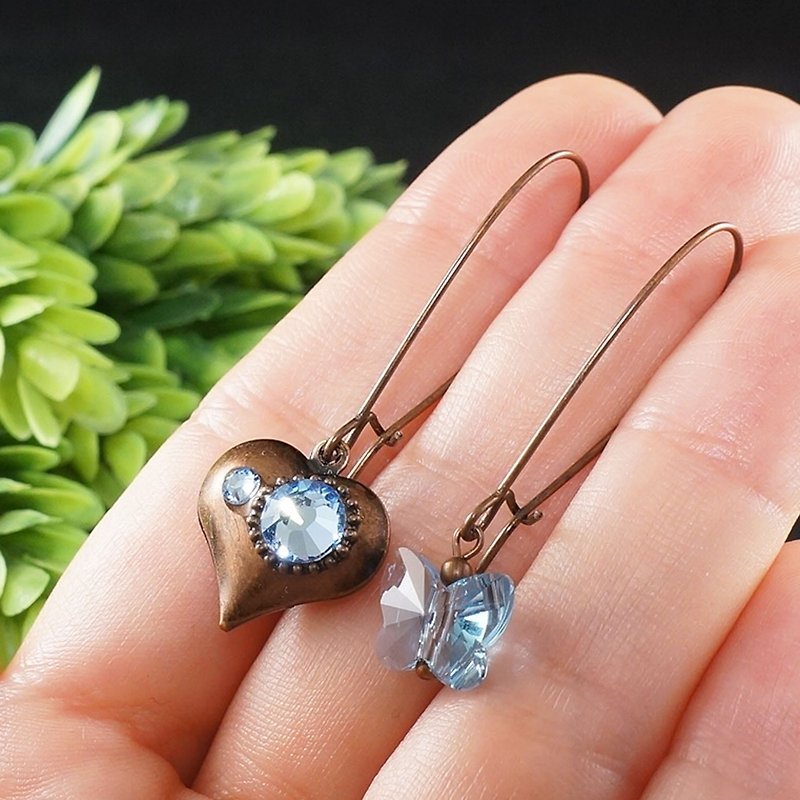 Sky Blue Butterfly Swarovski Crystal Copper Heart Mismatched Earrings Jewelry