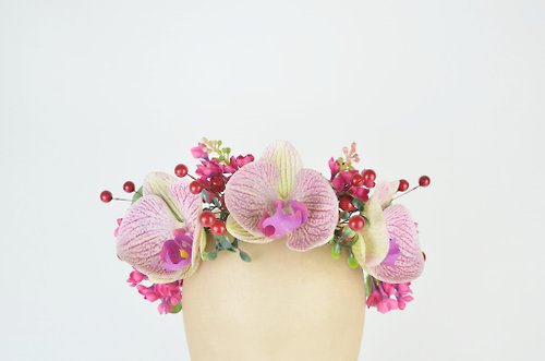 Elle Santos Crown Flower Halo Headpiece Bright Pink with Silk Flower Orchids and Berries