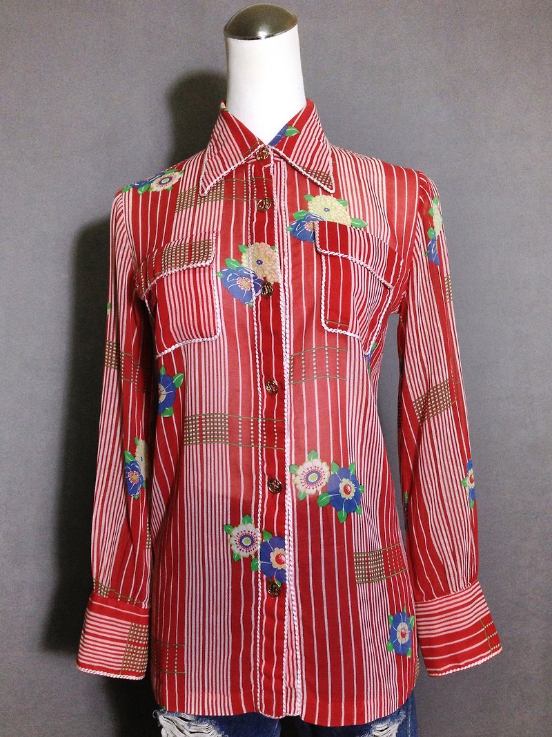 Ping-pong vintage [vintage shirt / Paris flowers fringe trim vintage shirt] abroad back VINTAGE - เสื้อเชิ้ตผู้หญิง - ผ้าฝ้าย/ผ้าลินิน 