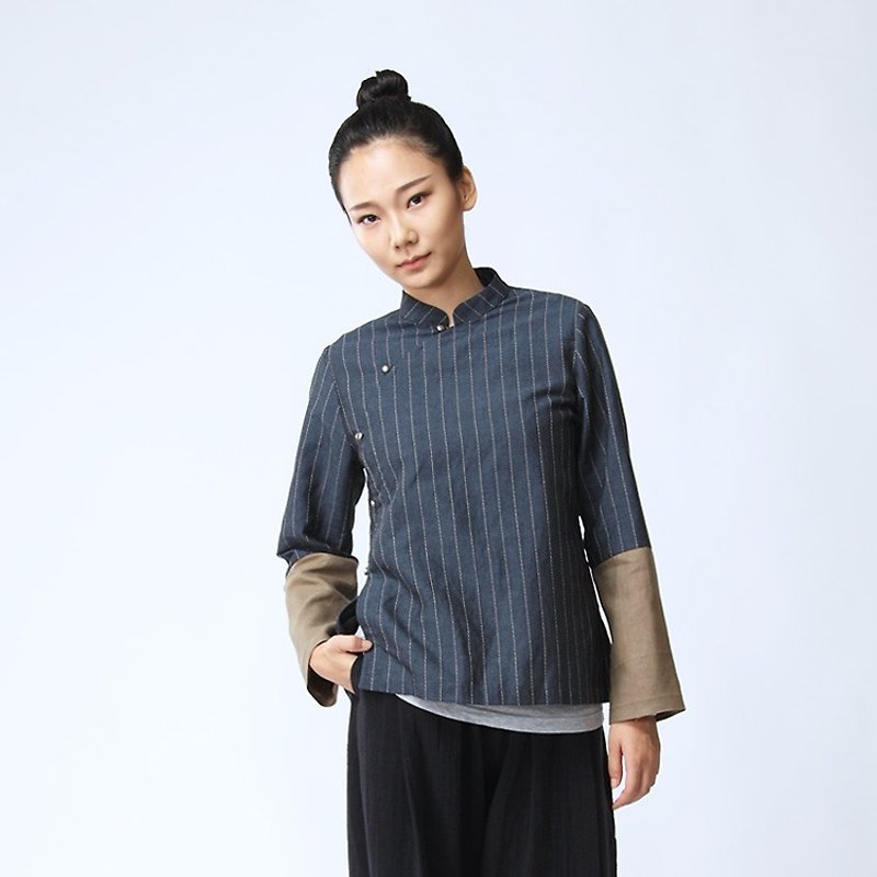 不服 中國風斜襟條紋拼色套頭衫 復古靛青襯衫 SH160704 - 女襯衫 - 棉．麻 藍色