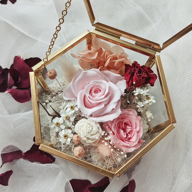 【客製】六角中型永生花盒 依需求訂製/玫瑰/實用 - 乾燥花/永生花 - 玻璃 粉紅色