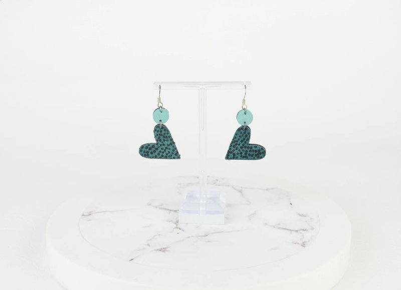Heart Earrings Polka Dot Calf Hair Blue and Aqua Leather Sustainable Jewellery - 耳環/耳夾/耳骨夾 - 真皮 藍色