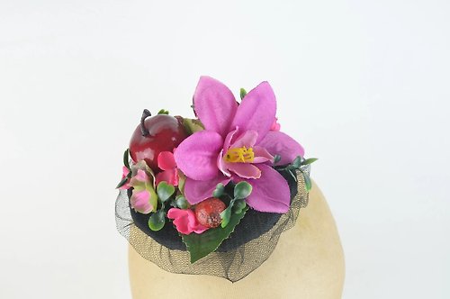 Elle Santos Headpiece Fascinator Silk Orchid Pink Flower, Berries and Deep Red Apple Floral
