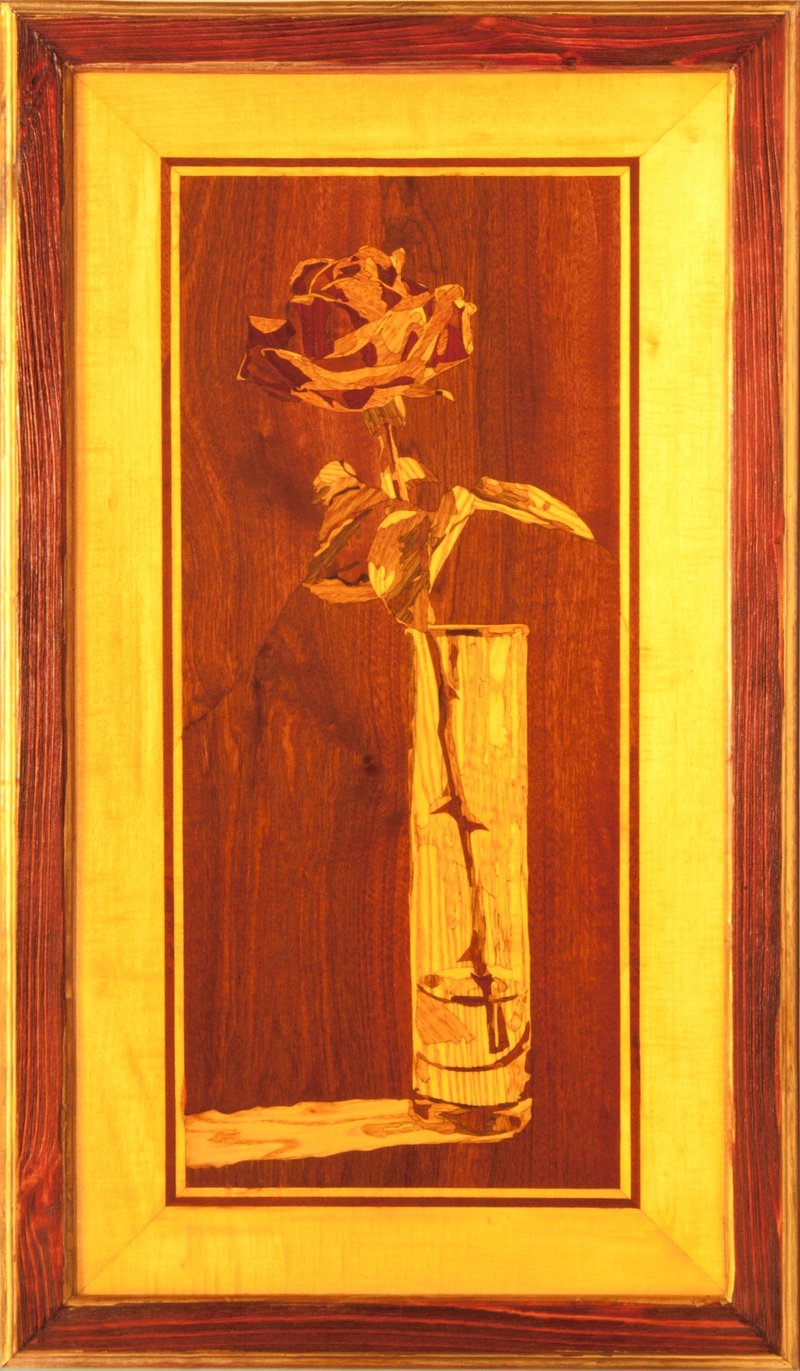 Rose Glass still life framed boho style picture wood veneer inlay marquetry - 壁貼/牆壁裝飾 - 木頭 橘色