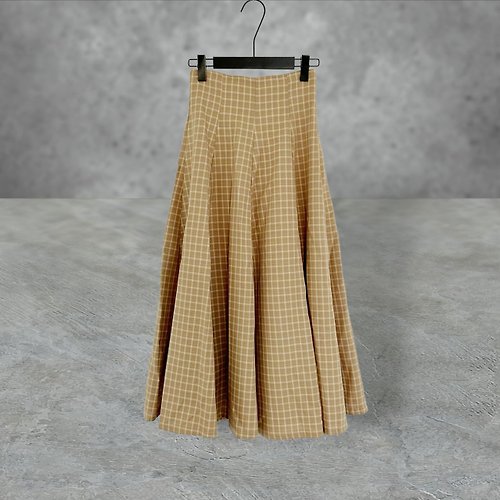 蘿綺莉蕾芭索 棕色 格紋 略挺 拼接 腰綁帶 大傘狀 高腰 25 長裙 PF420