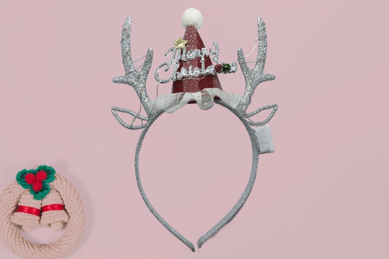 Festive Glitter Silver Antler Headband with Merry Christmas Hat and Lights. - 髮圈/髮夾 - 塑膠 銀色