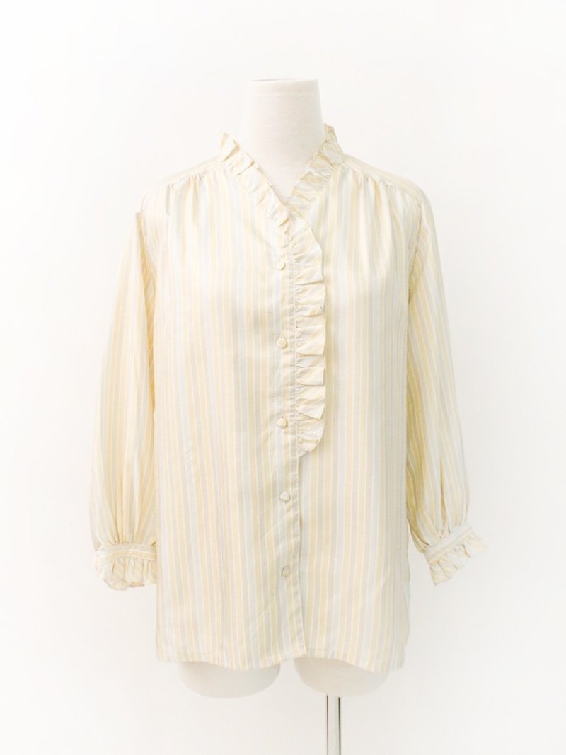 Vintage Goose Yellow Stripe Collar Vintage Shirt Vintage Blouse 90s - เสื้อเชิ้ตผู้หญิง - เส้นใยสังเคราะห์ สีเหลือง