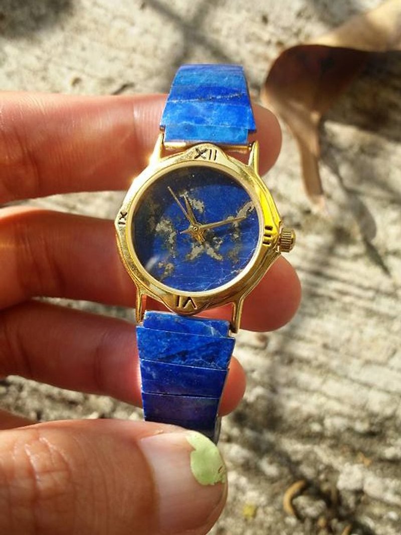【Lost And Find】Elegant Natural Lazurite watch - นาฬิกาผู้หญิง - เครื่องเพชรพลอย สีน้ำเงิน