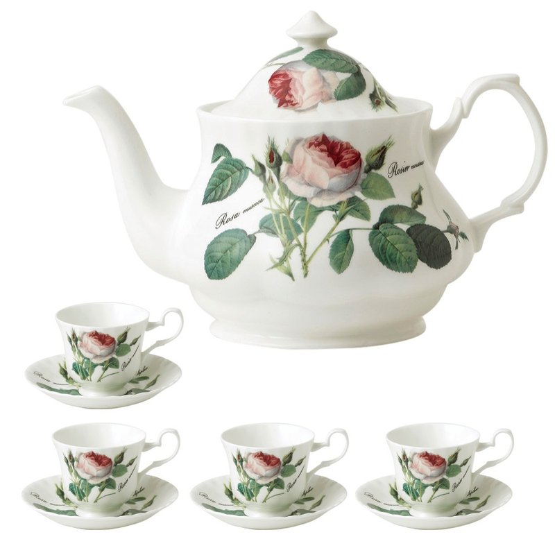 英國RK Redoute Rose浪漫淺玫瑰系列下午茶具5件組 (1壺4杯盤) - 茶壺/茶杯/茶具 - 瓷 