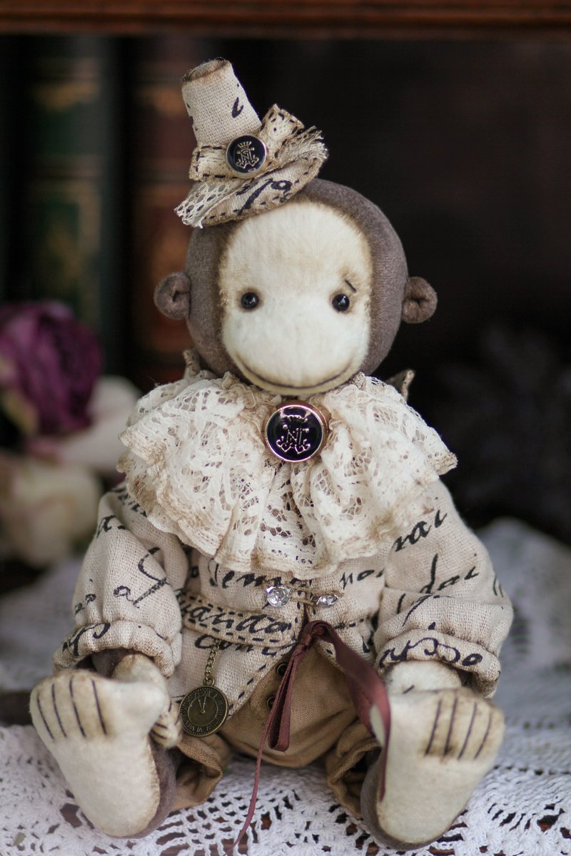 Freddy cute teddy bear monkey Collectible toy Bear for doll OOAK Vintage gift - 公仔/玩偶 - 其他材質 多色