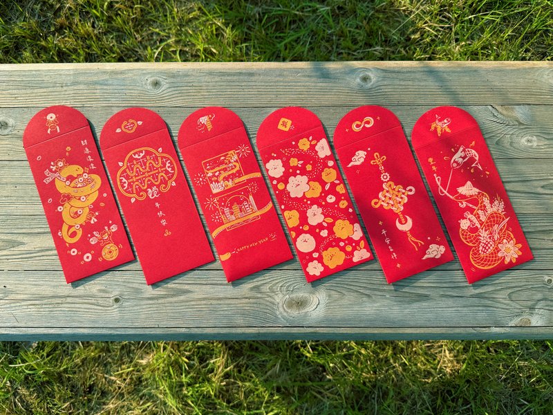 2025 Yisi‧ Year of the Snake│Handmade silk-printed red envelope bags 6 pieces double gold overprint/ Silver dot red cardboard - ถุงอั่งเปา/ตุ้ยเลี้ยง - กระดาษ สีแดง