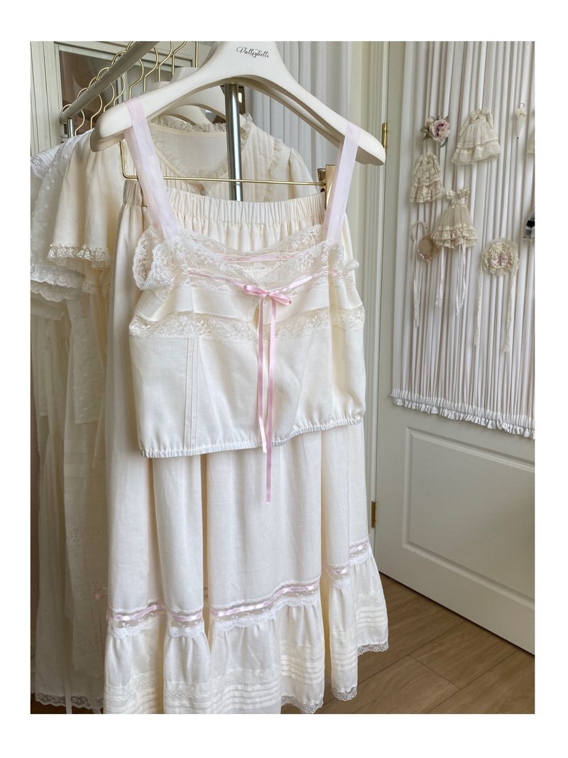 French Girl Vintage French Lace Handmade Suspenders - Women's Tops - Linen Pink