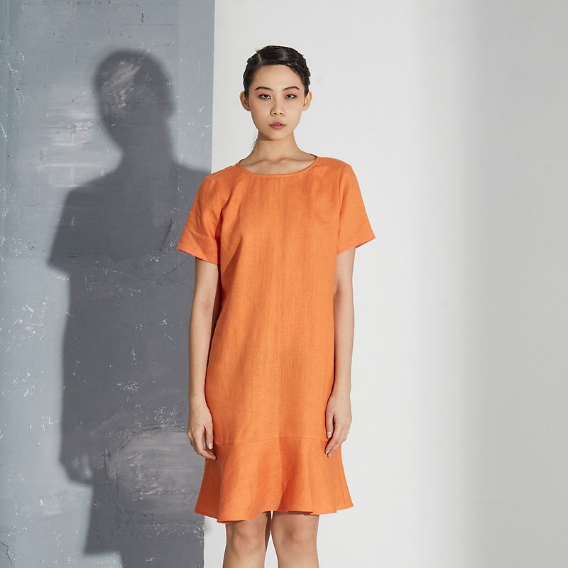【In stock】Orange flounce dress - ชุดเดรส - ผ้าฝ้าย/ผ้าลินิน สีส้ม