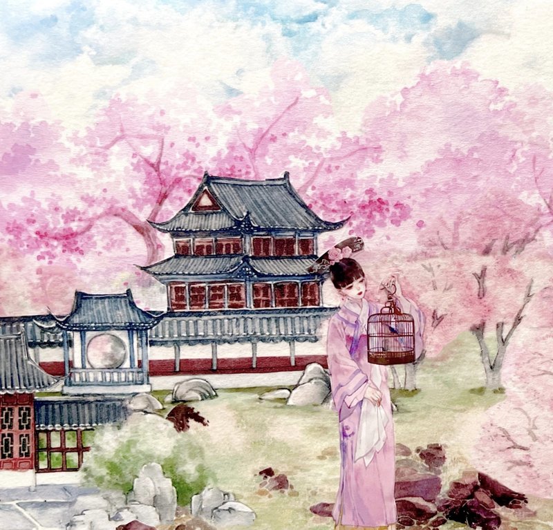 Peach Blossom Spring Sakura Wood Watercolor Painting Landscape Japanese Paper Tape 10m Roll Made in Taiwan - มาสกิ้งเทป - วัสดุอื่นๆ สึชมพู