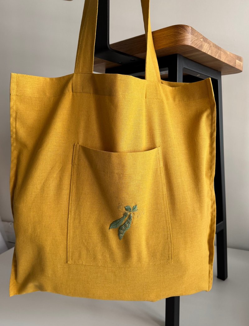 Embroidered linen natural bag with large pocket, vegan, eco-friendly - 手提包/手提袋 - 亞麻 
