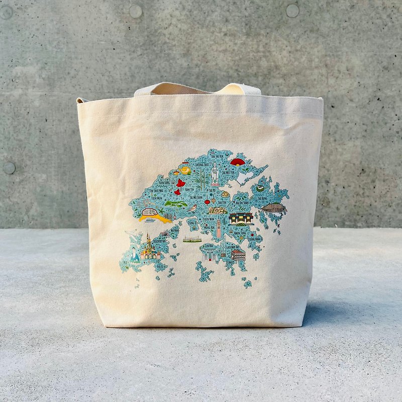 Hong Kong Map 2-way Canvas Tote Bag - กระเป๋าแมสเซนเจอร์ - ผ้าฝ้าย/ผ้าลินิน สีนำ้ตาล