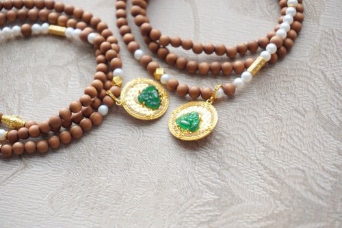 Angel's tears 天使之淚 Jewelry Design 6mm索邁爾 原生老山檀 珍珠925銀鑲翡翠佛設計多圈手串項鍊s