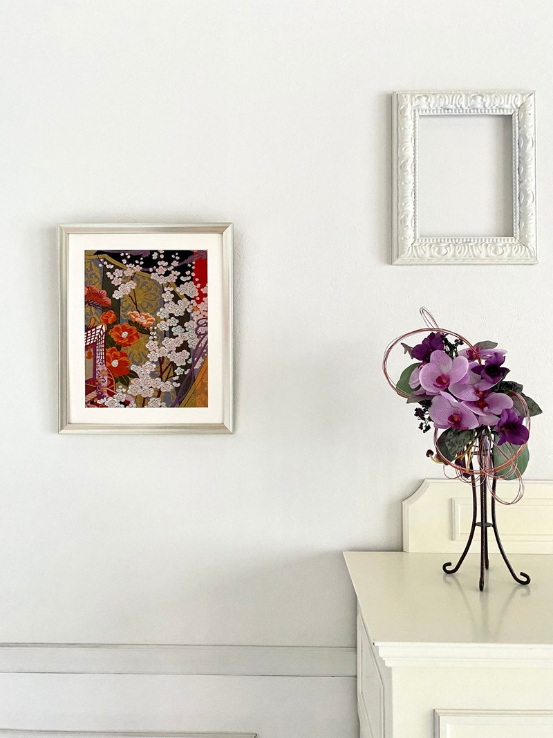 色打掛からつくるきものアート　vintage 和モダン アートパネル 和風インテリア  プレゼント 結婚祝 新築祝 長寿祝 縁起物 額装インテリア　047 - ウォールデコ・壁紙 - シルク・絹 シルバー