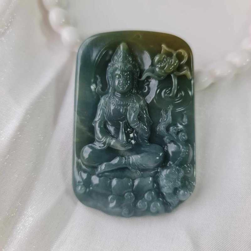 Dangerous material denim blue Manjushri Bodhisattva card piece zodiac rabbit patron saint | natural A-grade jade - พวงกุญแจ - หยก 