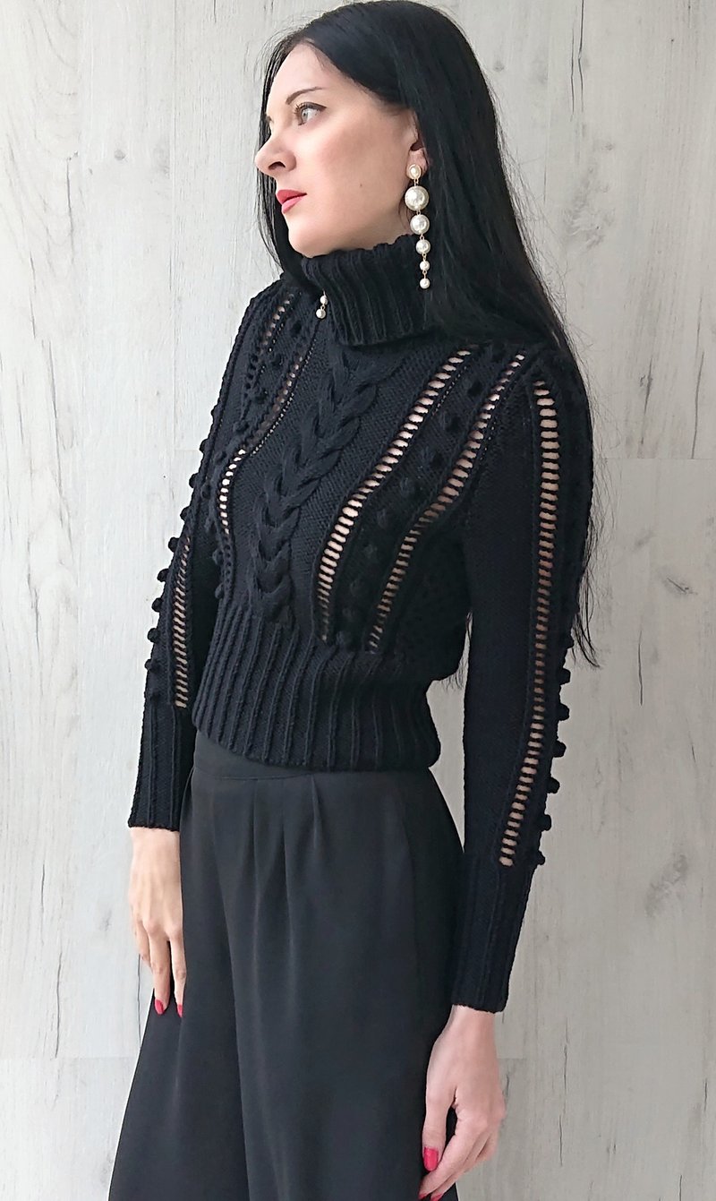 Cable knit sweater Merino wool sweater Black turtleneck - 女毛衣/針織衫 - 羊毛 