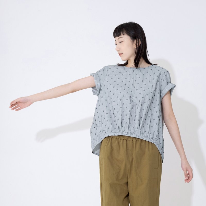 零星點點鬆緊收襬上衣 - 女上衣/長袖上衣 - 棉．麻 灰色