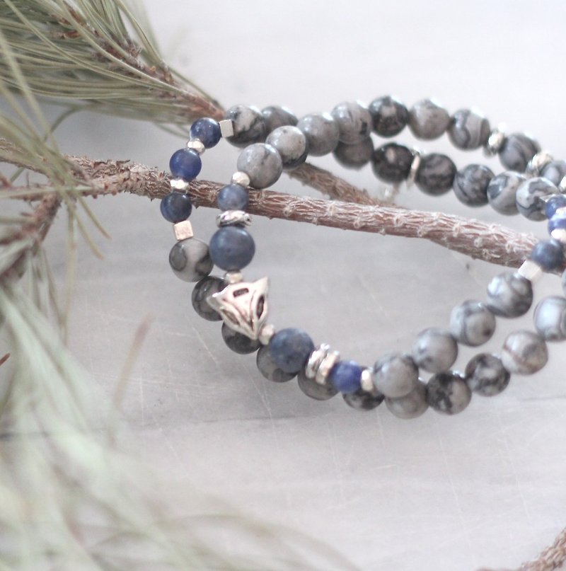 [Out of Print] Snow Fox │ Natural Mineral Double Chain Rosary Heart 925 Sterling Silver Bracelet Bracelet - Bracelets - Gemstone Blue