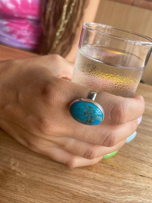 Aruna Turquoise silver ring, oval turquoise ring, big stone ring, magic ring, bali art