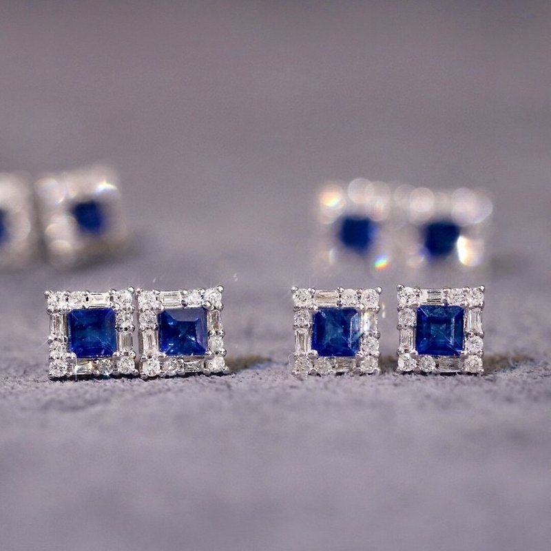 【WhiteKuo】18K金60分公主方天然藍寶石鑽石耳環 - 耳環/耳夾 - 寶石 藍色