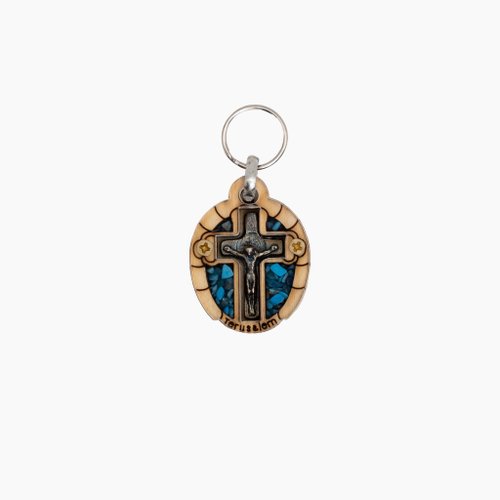 Holy Land blessing 來自聖地的祝福 天主教十字架鑰匙圈 十字架 藍天然彩石 木頭質感 耶路撒冷進口12