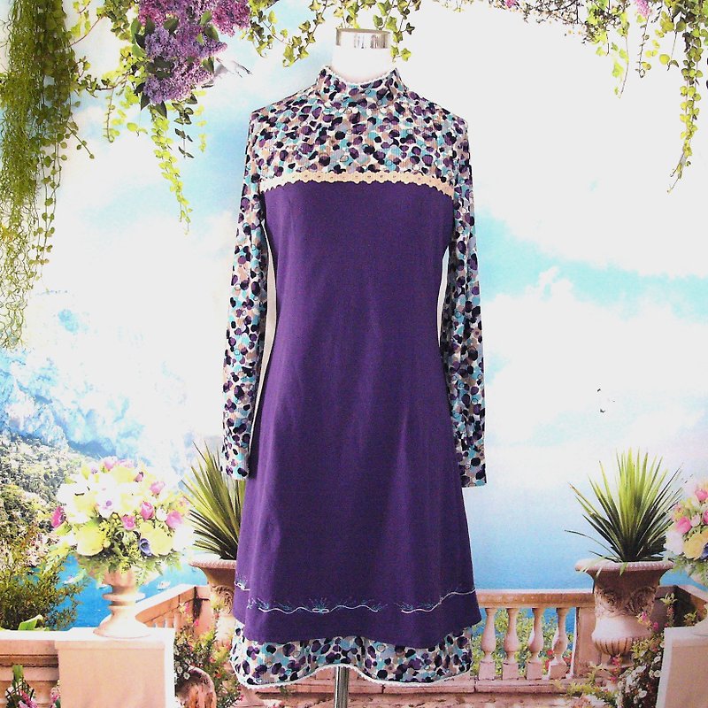 Charming Purple High-Neck Layered Dress With snood - ชุดเดรส - ผ้าฝ้าย/ผ้าลินิน สีม่วง