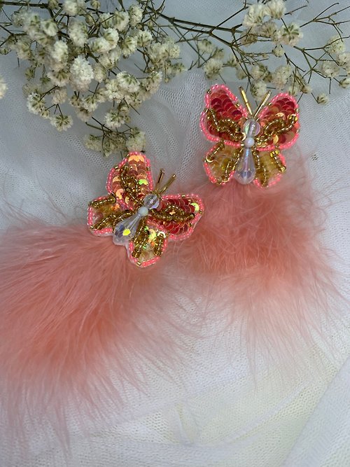 white-magic Piercing earrings Red-gold butterfly pattern, handmade