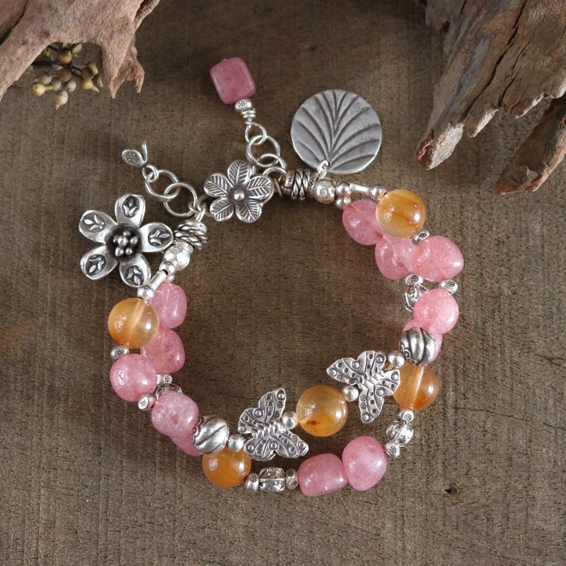 Strawberry Quartz Flower Butterfly Boho Bracelet with Karen Hill Tribe Silver - สร้อยข้อมือ - เงินแท้ สึชมพู