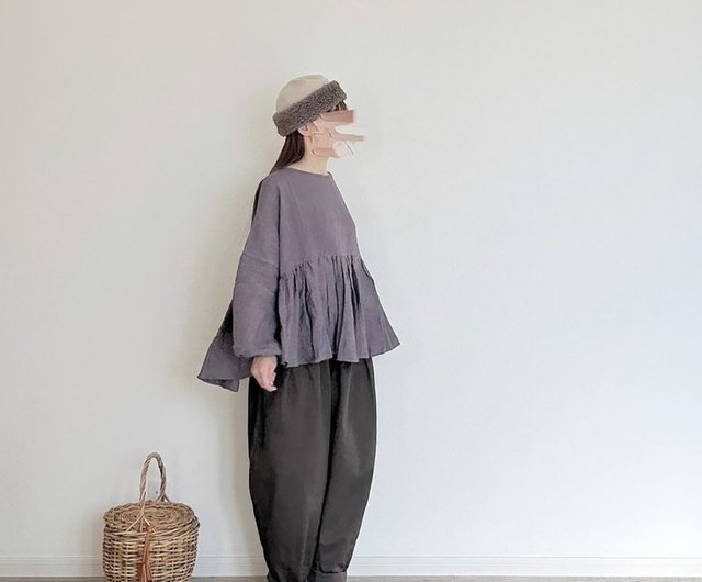 Ramie linen canvas gather blouse(long sleeve) PURPLE - Shop pongee