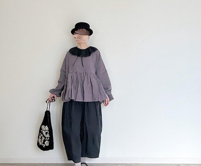 Ramie linen canvas gather blouse(long sleeve) PURPLE - 設計館