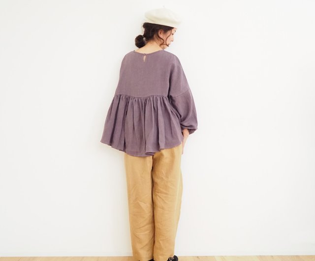 Ramie linen canvas gather blouse(long sleeve) PURPLE - ショップ 