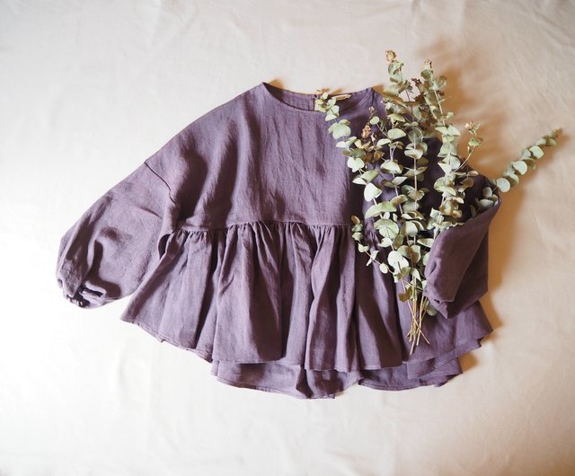 Ramie linen canvas gather blouse(long sleeve) PURPLE - ショップ 