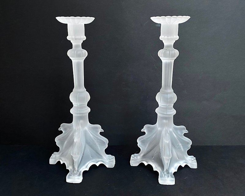 萊儷風格復古磨砂玻璃燭台套裝 2 來自法國 約 1960 年代 - 香薰蠟燭/燭台 - 玻璃 透明
