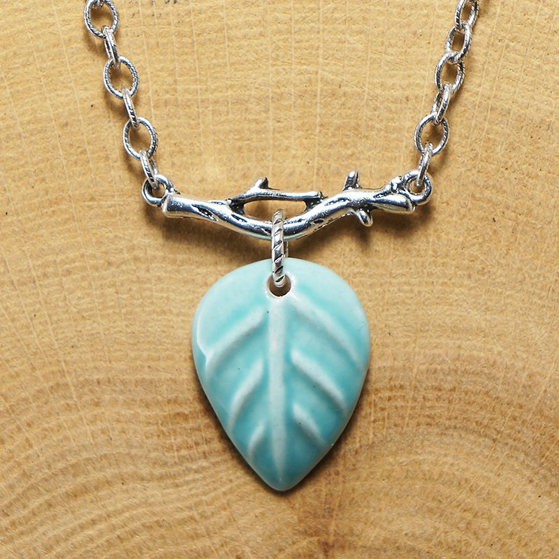 Silver Branch Turquoise Mint Green Teal Ceramic Leaf Pendant Necklace Jewelry