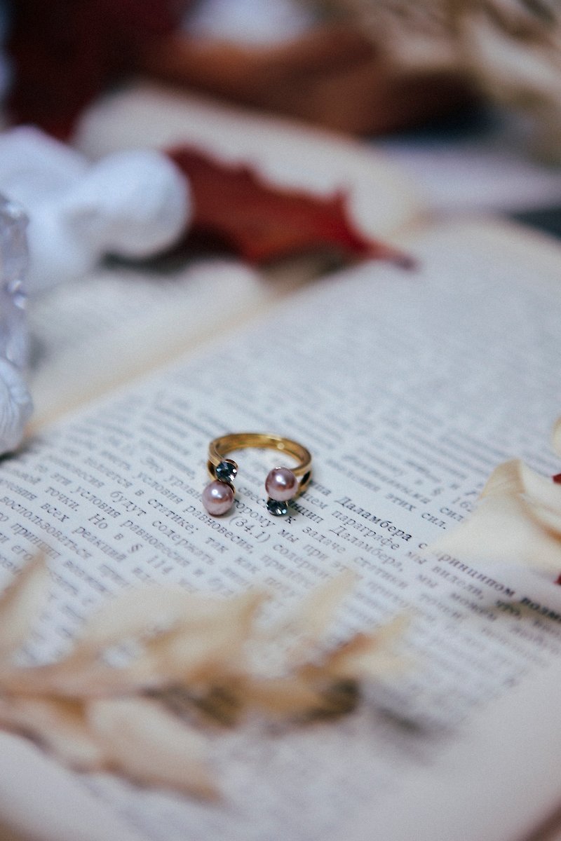 COR-DATE-雙珍珠水鑽戒指-香檳色 - 戒指 - 其他材質 
