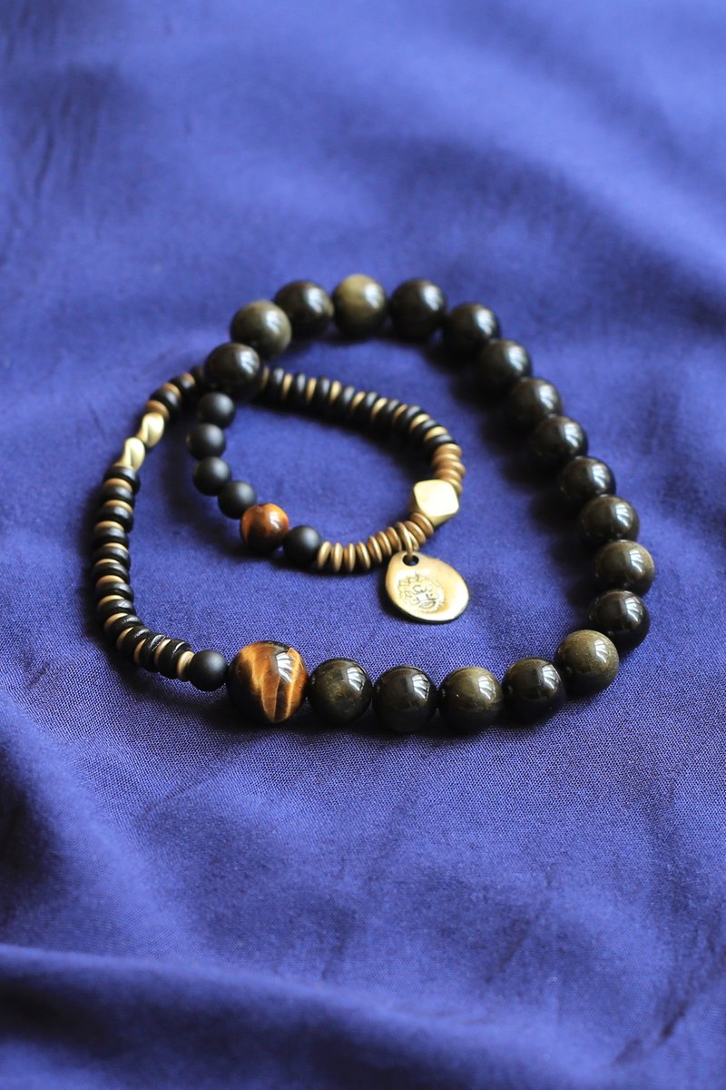 No.8-Original & Black Gold | Bronze, Yellow Tiger Eye Stone, Stone Stone , Ebony | Double Circle Bracelet - สร้อยข้อมือ - เครื่องประดับพลอย 